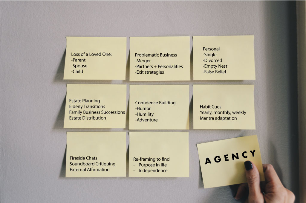 wall of postit notes displaying Your Agency Works Services including grief, loss, old age transition, single past 40, male coaching, confidence building, adventure coach