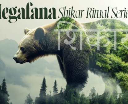 World Resources WTR LLC Presents_ Megafana_Shikar Ritual Series_Watha_Yoga_"Surreal artwork of a bear integrated with forest and mountain landscape, representing harmony between wildlife and natural ecosystems; overlaid with the words 'Megafana Shikar Ritual Series' and the Hindi word for 'Shikar'."