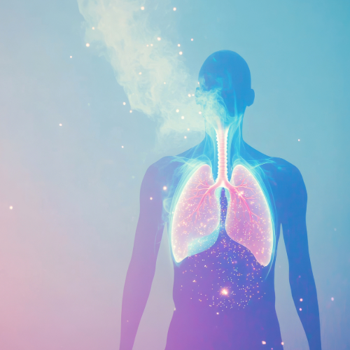 Conceptual illustration representing Monaya M. MaGaurn with Agency World Resources WTR, showing a human silhouette with glowing lungs and respiratory system. Bright neon colors highlight the pathways of breath, symbolizing vitality, energy flow, and the connection between body and environment, against a soft gradient background.