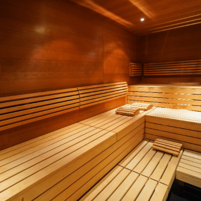 Empty wooden sauna room with tiered bench seating, smooth wood panel walls, and a soft ceiling light creating a warm, inviting atmosphere.