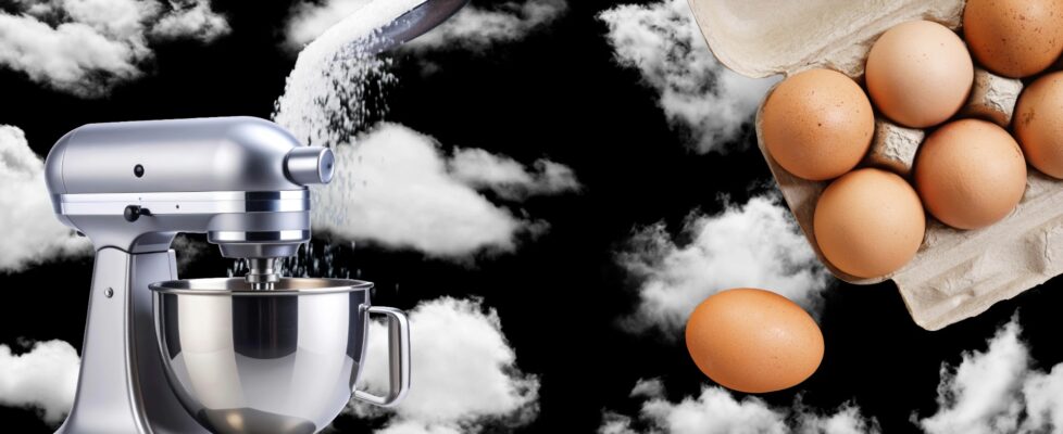 Conceptual culinary-science image showing a stand mixer whipping meringue as clouds form against a black sky, with fresh eggs and cascading sugar symbolizing atmospheric transformation — created for Agency, a World Resources WTR LLC company, Chef Monaya MaGaurn.